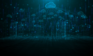 A graphic showing data flowing from an interconnected data center to the cloud through a secure gateway