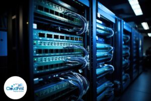 A data center server rack with networked machines