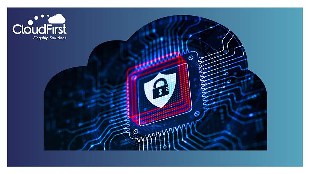 A lock inside a shield inside a computer chip inside a cloud represents cybersecurity