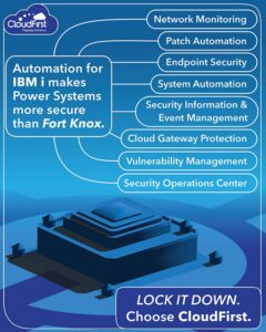 Automation for IBM i makes Power Systems more secure than Fort Knox. -Network monitoring -patch automation -endpoint security -system automation -security information and event management -cloud gateway protection -vulnerability managemenet -security operations center LOCK IT DOWN. Choose CloudFirst